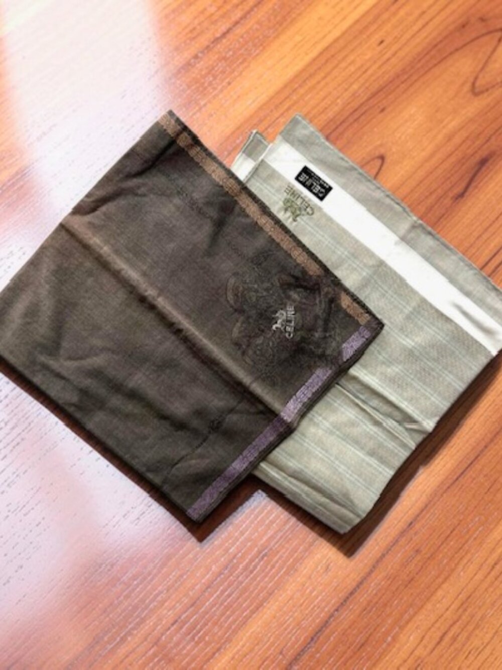 2 New Men Celine P Handkerchiefs Cotton Made 18.5 brown olive embroidered (99)
